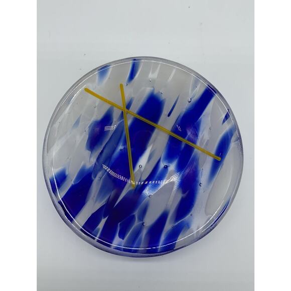 Cobalt Blue White Mottle Art Glass Trinket Dish Bowl 1” x 4" With Yellow Accent - Picture 8 of 9